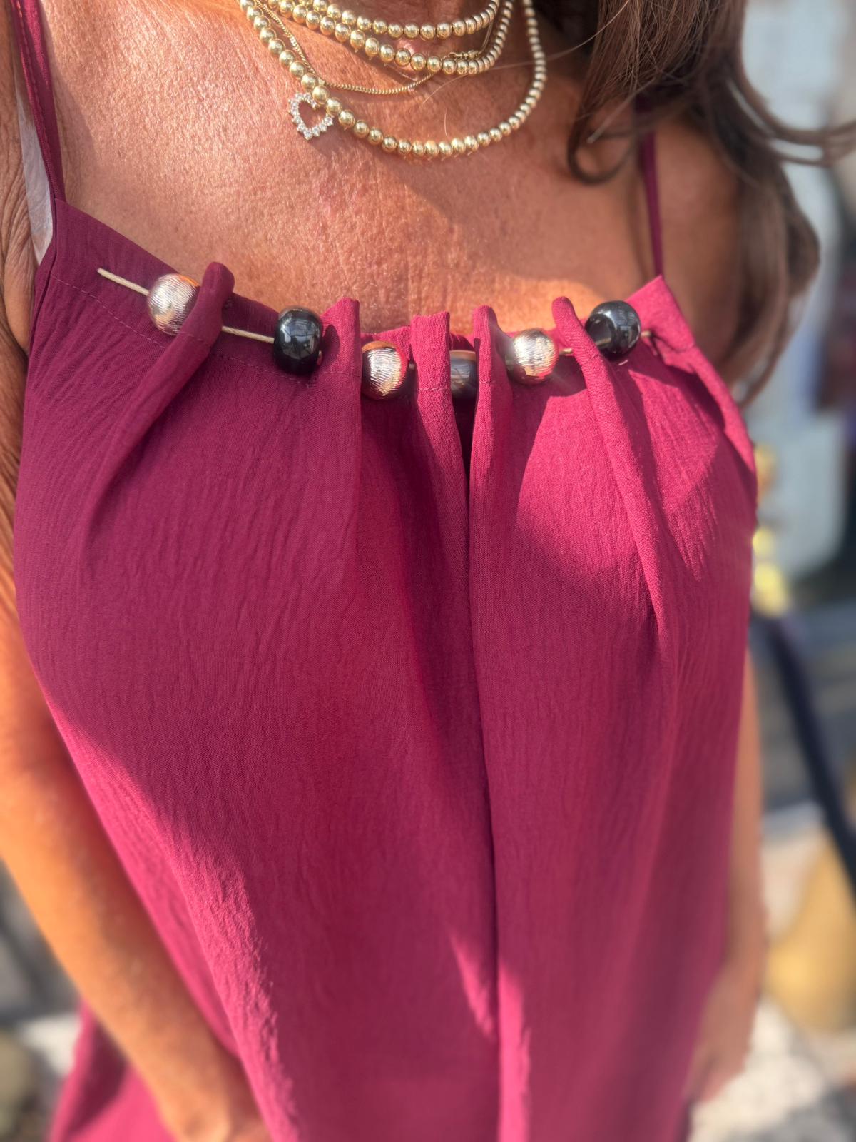 Jurk spaghettibandjes parels bordeaux