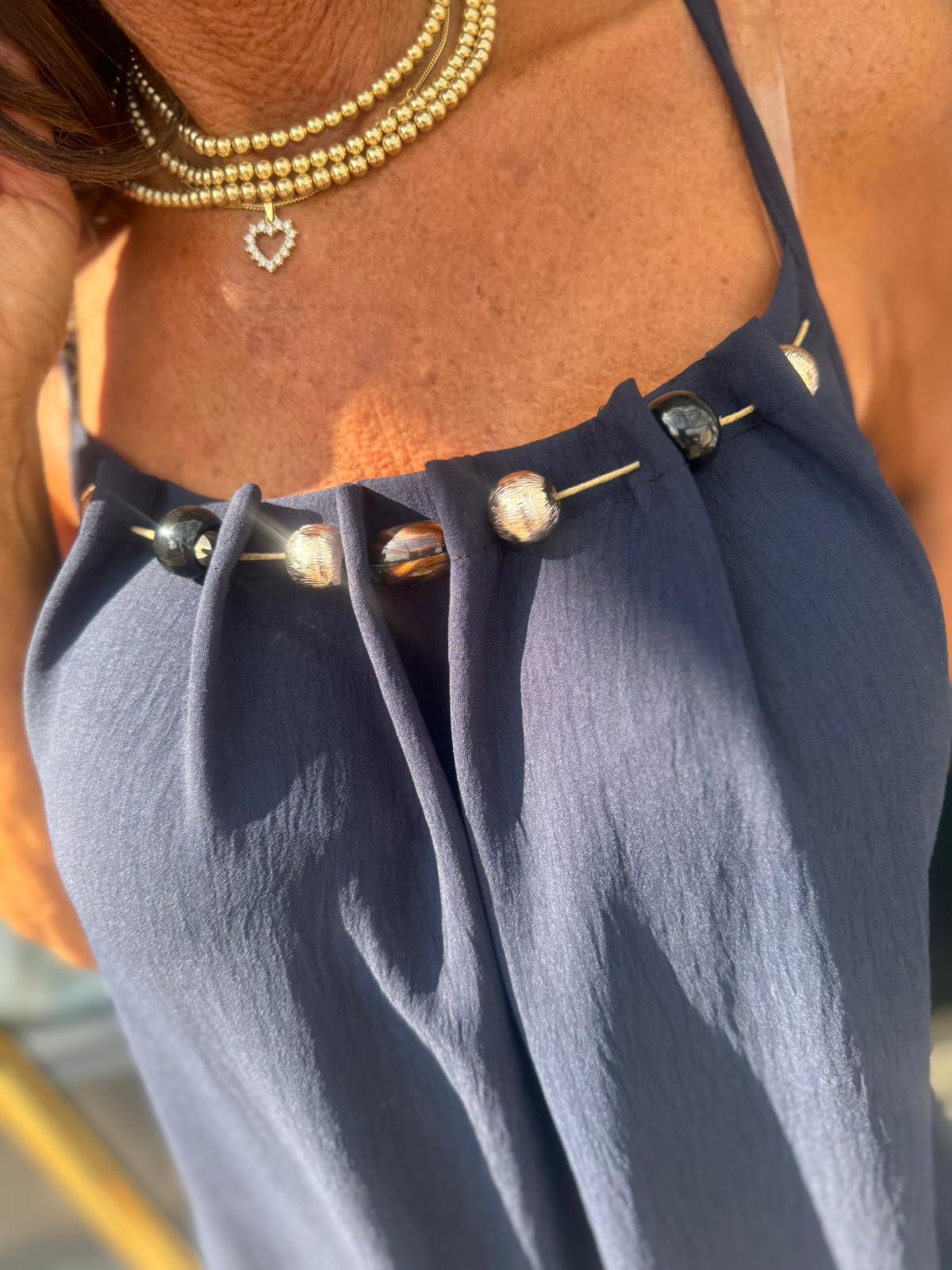 Jurk spaghettibandjes parels marineblauw