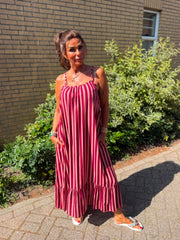 Streepjurk spaghettibandjes ruches Bordeaux
