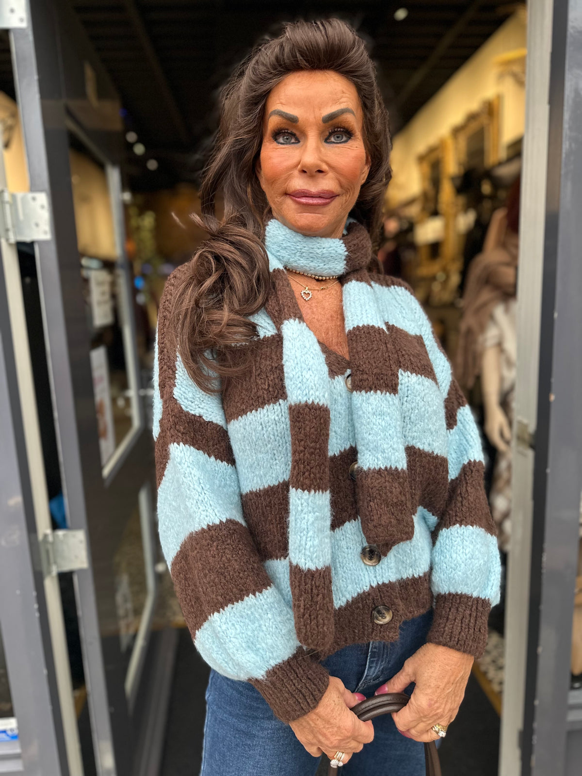 Vest met sjaal gestreept blauw/bruin