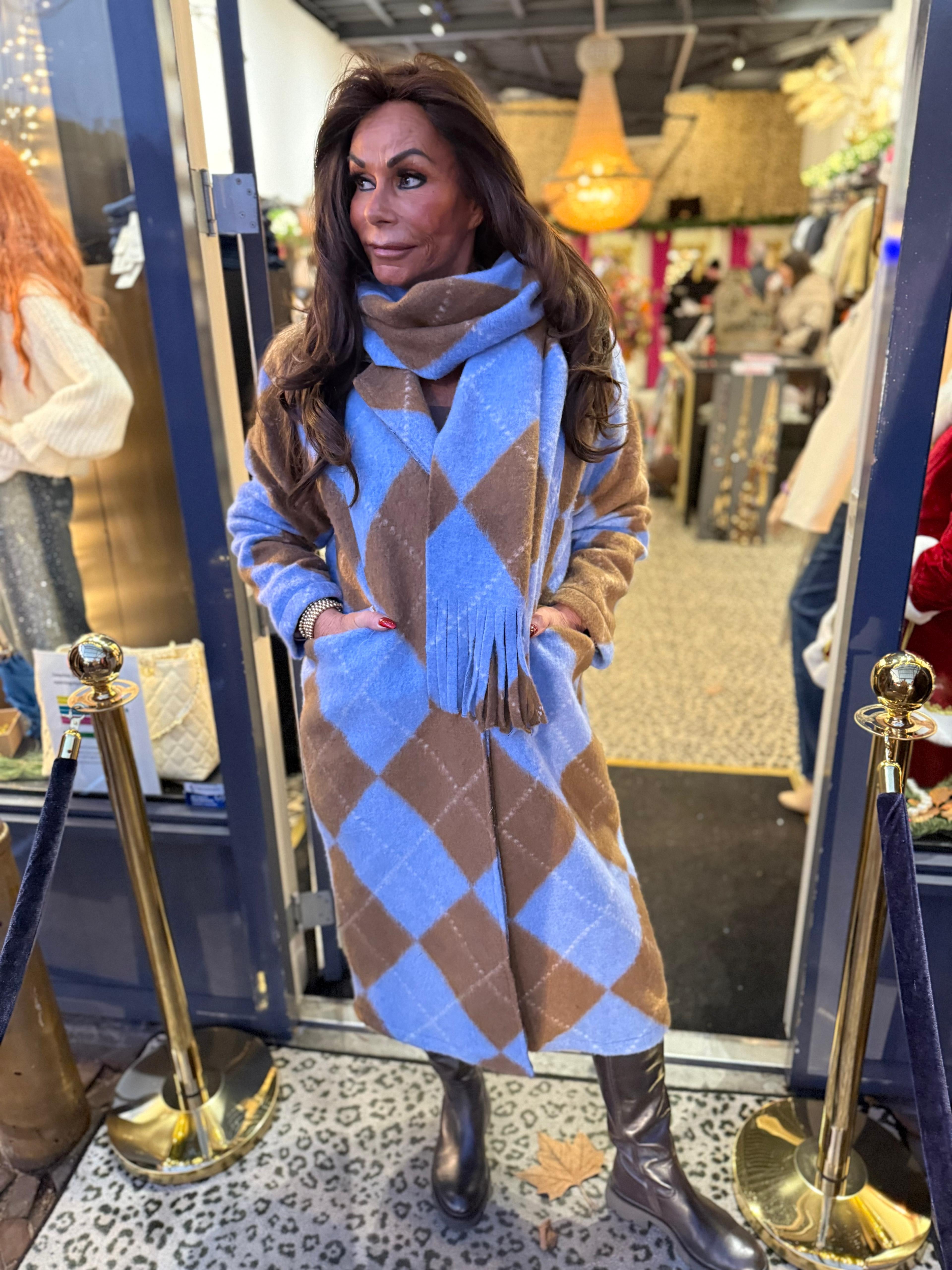 Lange jas met sjaal “Candy” blauw/bruin