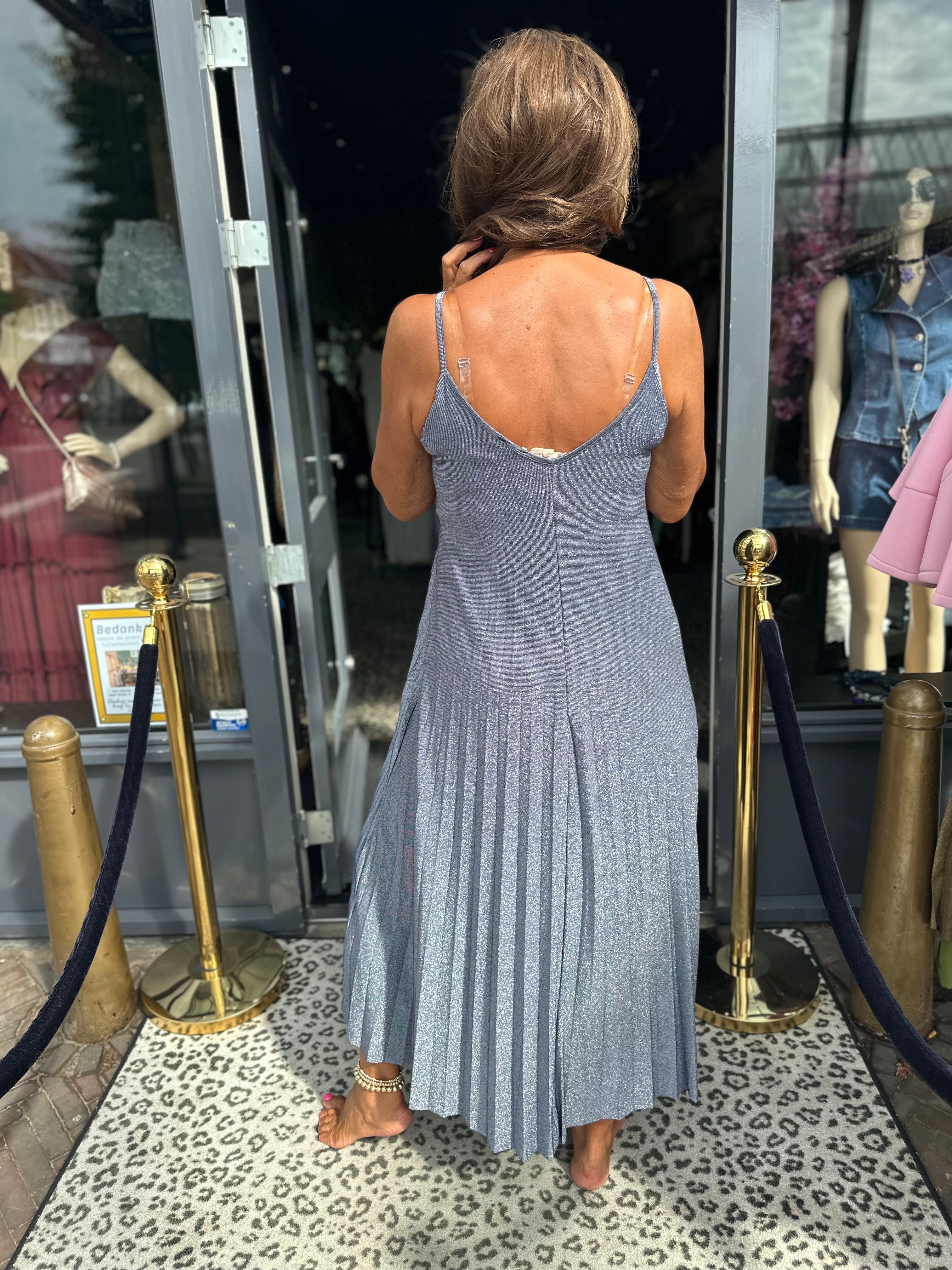 Lurex plisé Jurk "Emily" blauw/goud