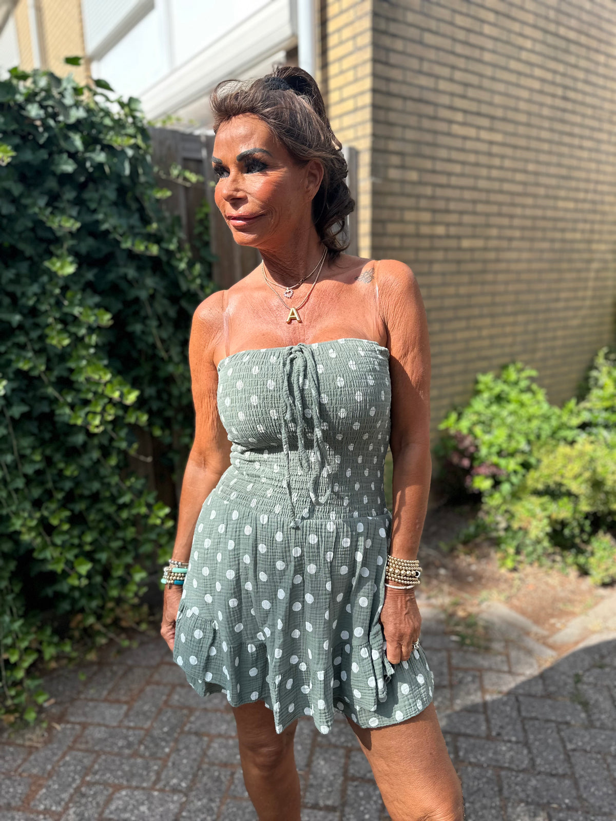 Playsuit kort "hydrofiel" dots legergroen