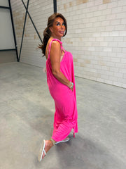 Badstof jurk "Fuchsia”. Spaghettibandjes