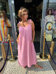 Badstof jurk "roze”. Spaghettibandjes