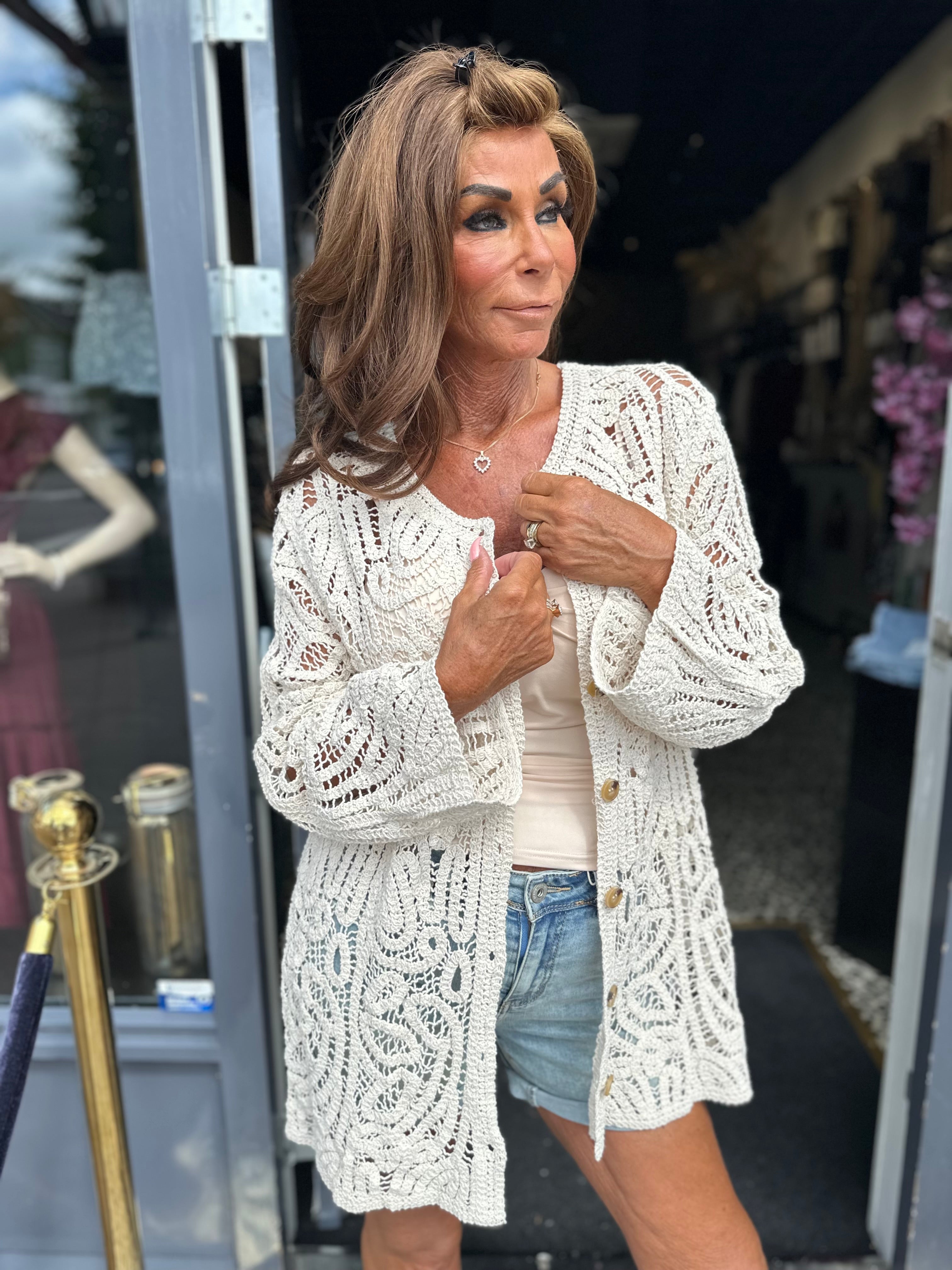 Gehaakt vest "Lola" Beige ronde hals