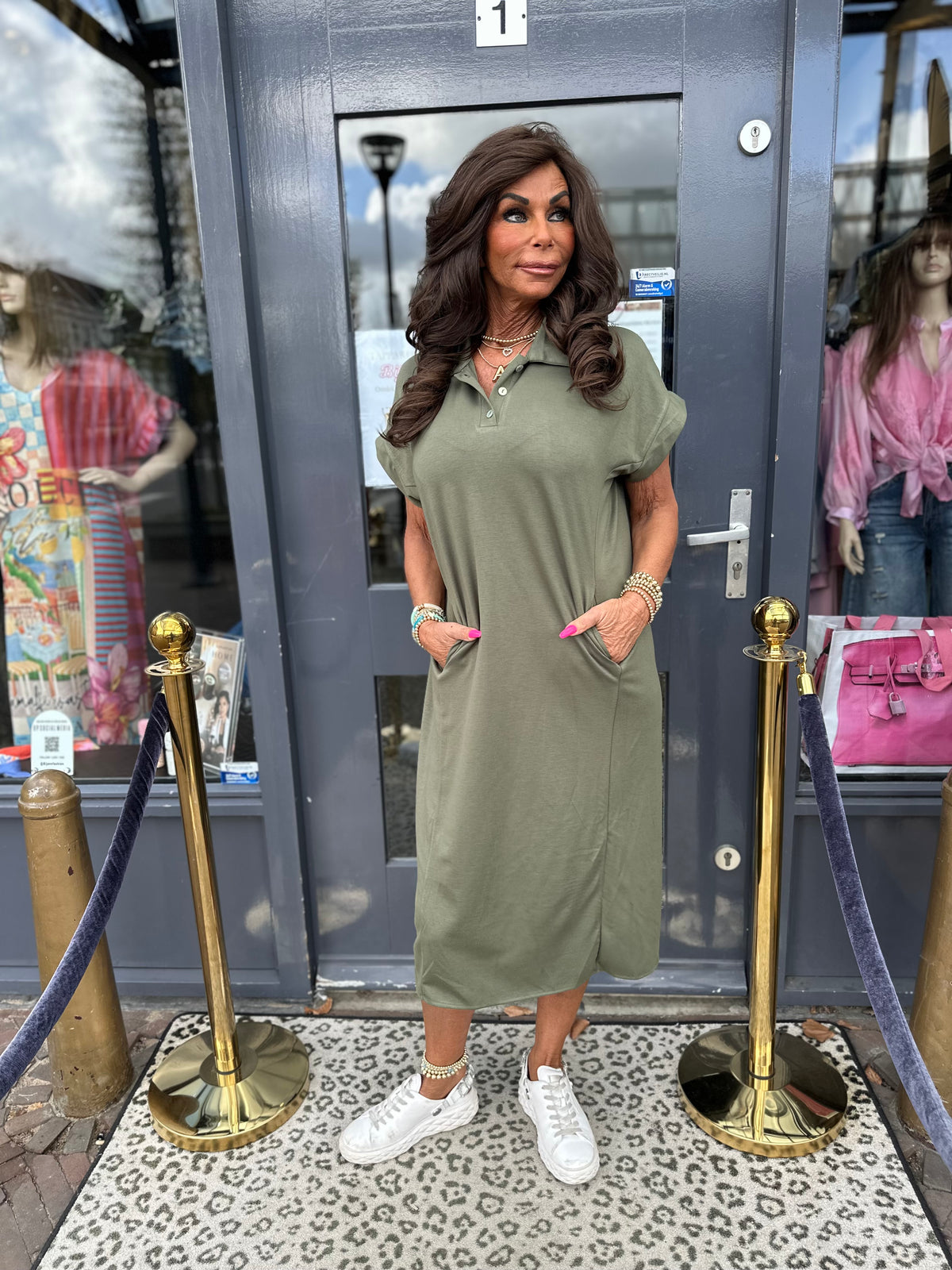 Lange jurk polokraag kleine maat legergroen