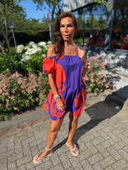 Offshoulder jurkje “Happy print” oranje/paars
