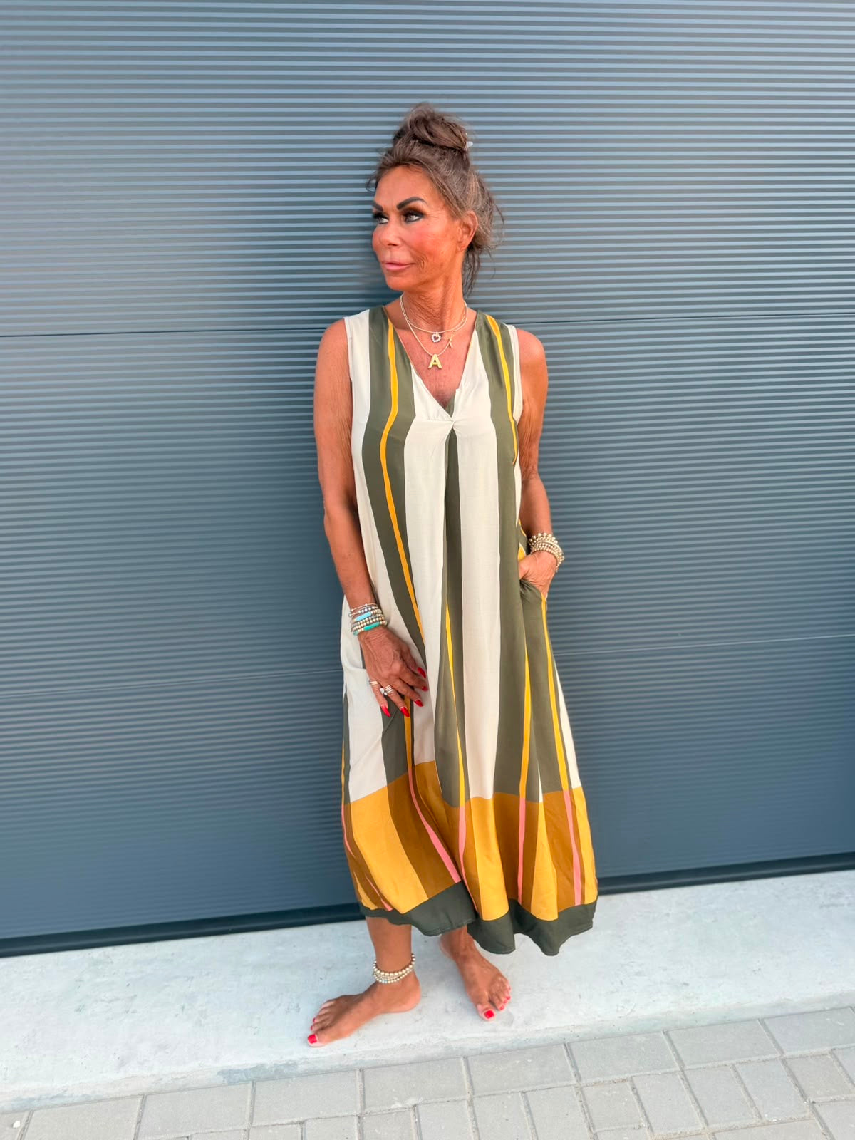Viscose stripe jurk legergroen