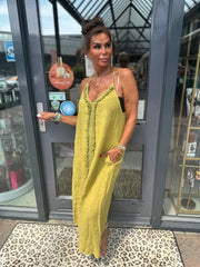 Spaghetti jurk broderie ibiza limegroen