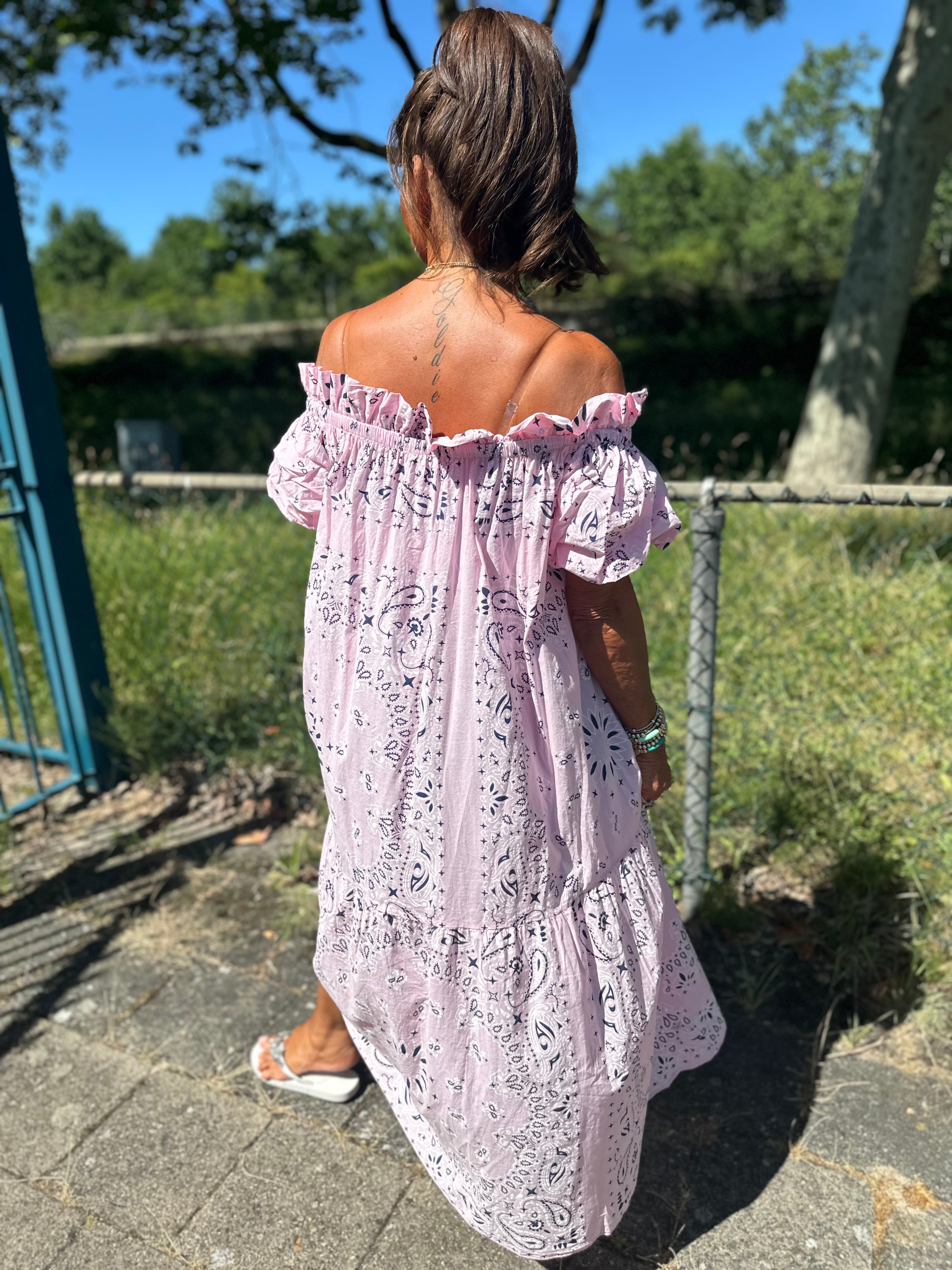 Lange off shoulder jurk "Tapas" Roze