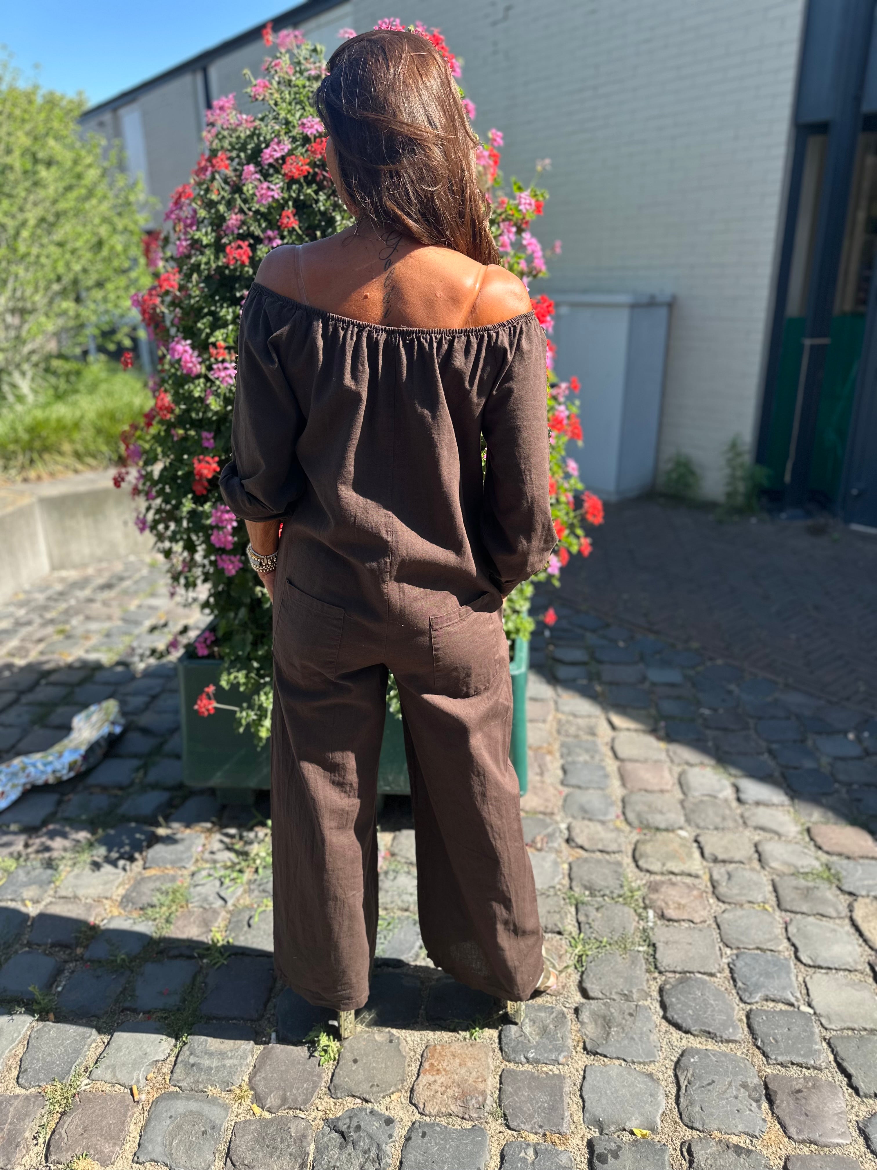 Linnen Offshoulder jumpsuit "Annie" Donkerbruin