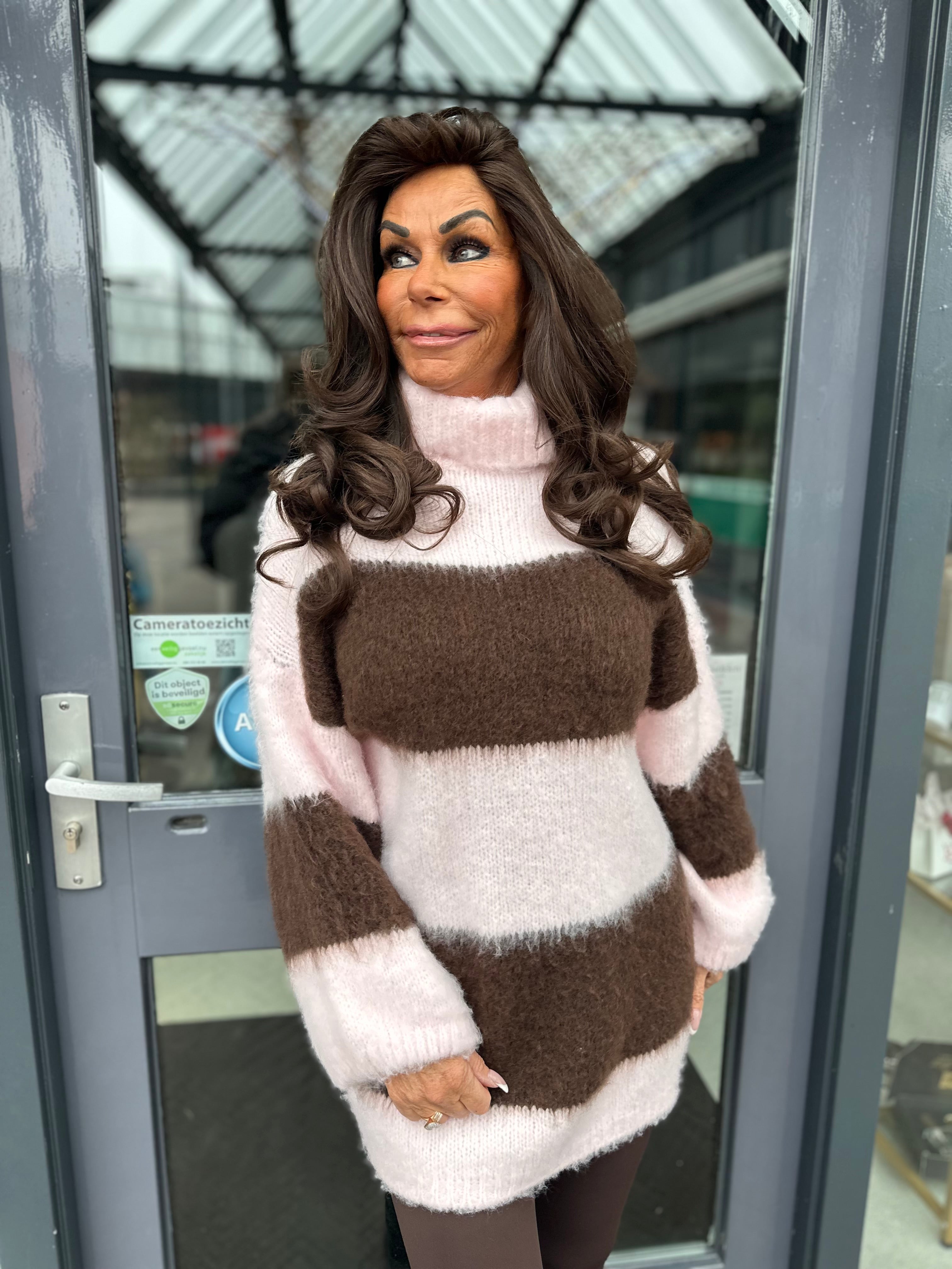 Lange Koltrui "Gestreept en zacht" Donkerbruin/Roze