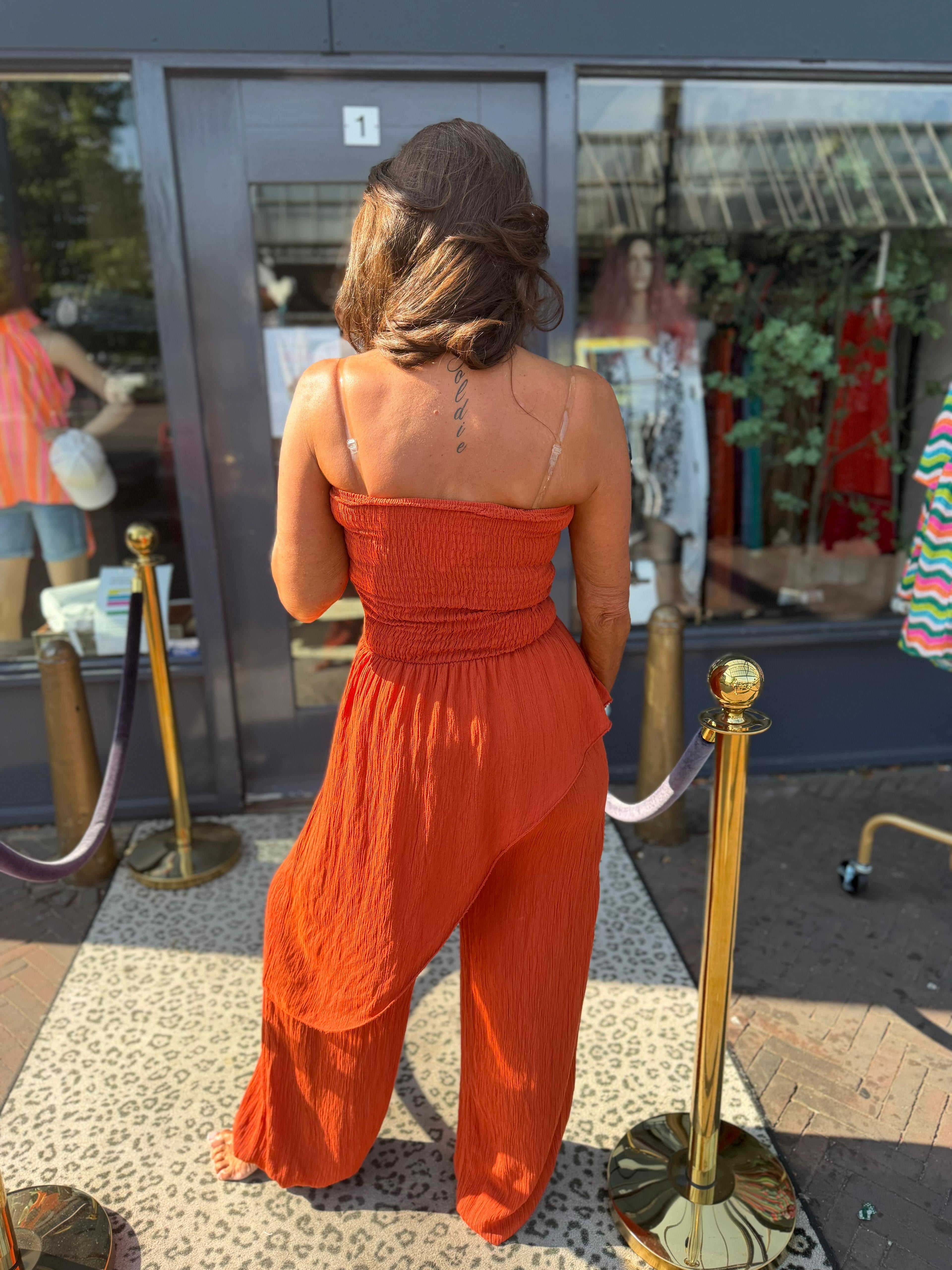 Strapless lurex jumpsuit “Yada” Brique