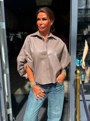 PU blouse jasje pofmouw taupe
