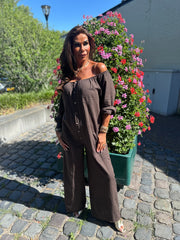 Linnen Offshoulder jumpsuit "Annie" Donkerbruin
