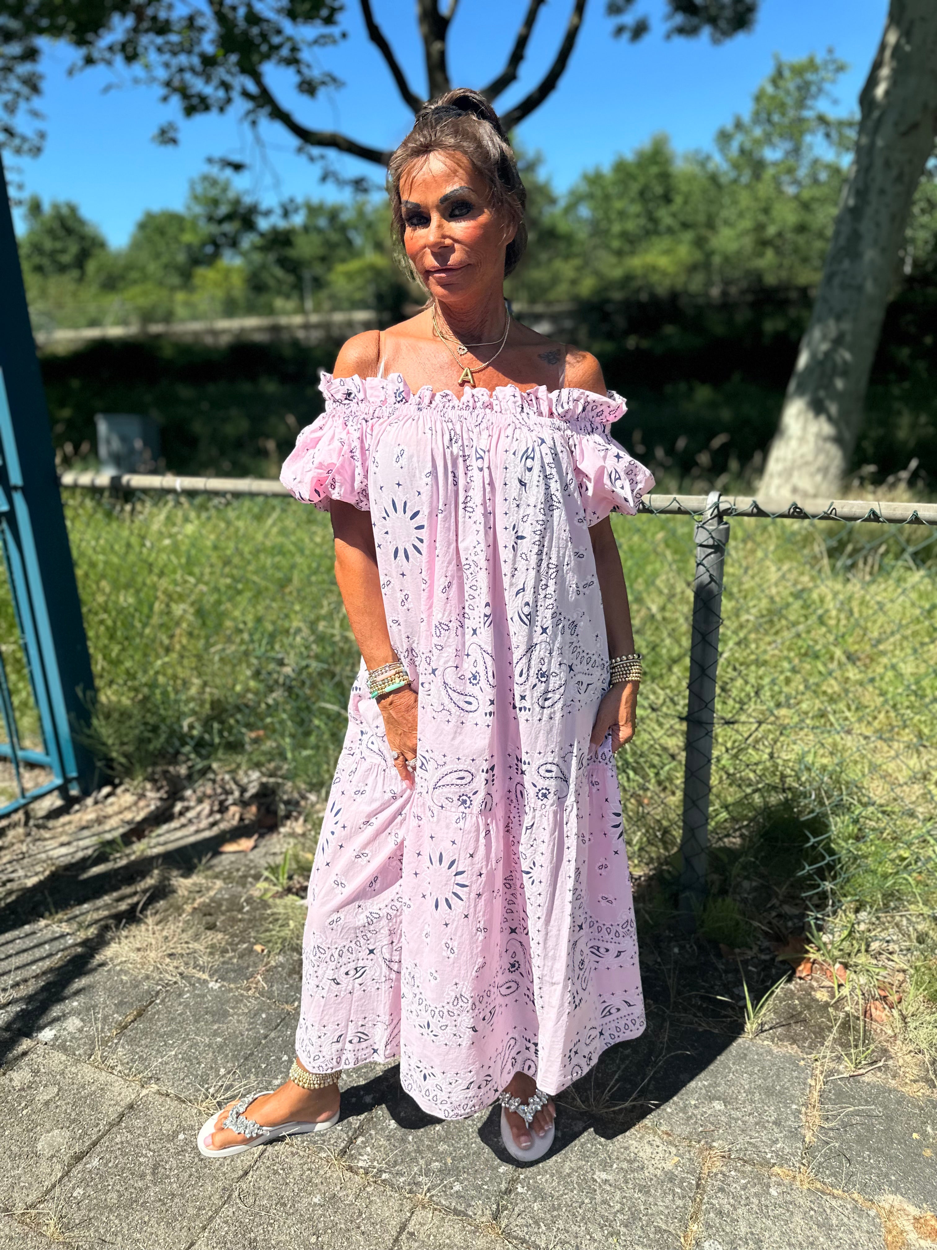 Lange off shoulder jurk "Tapas" Roze