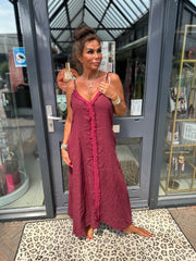Spaghetti jurk broderie ibiza wijnrood