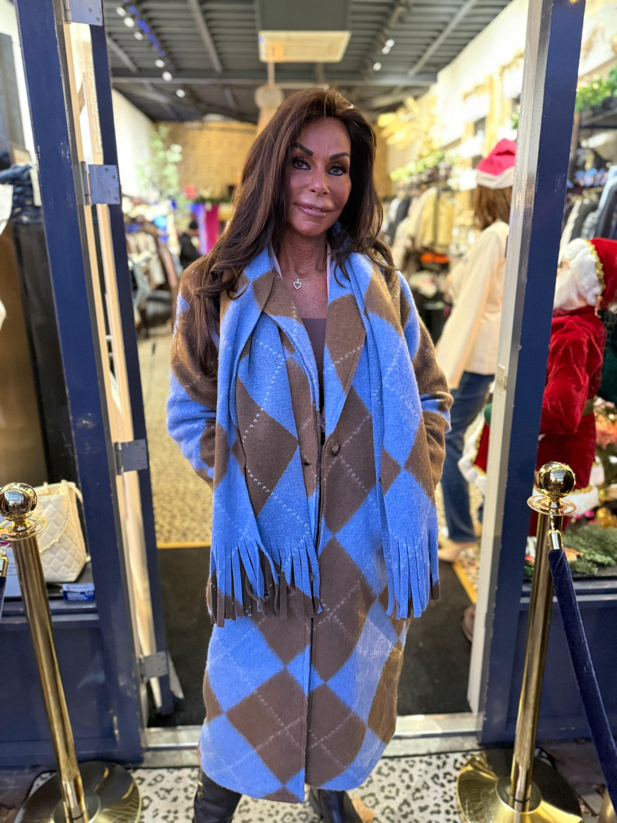 Lange jas met sjaal “Candy” blauw/bruin