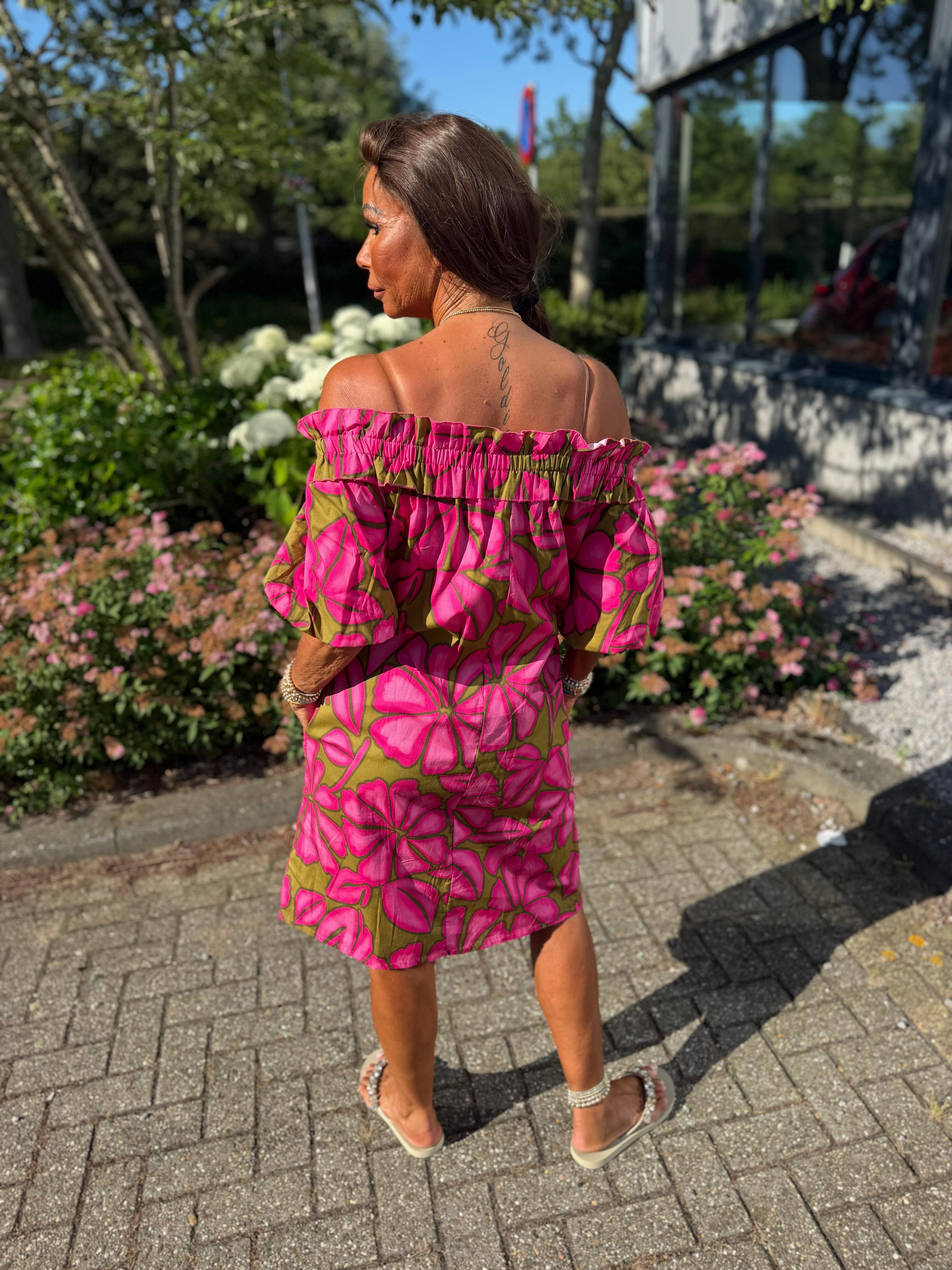 Offshoulder jurkje “Selina” fuchsia/groen