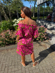 Offshoulder jurkje “Selina” fuchsia/groen