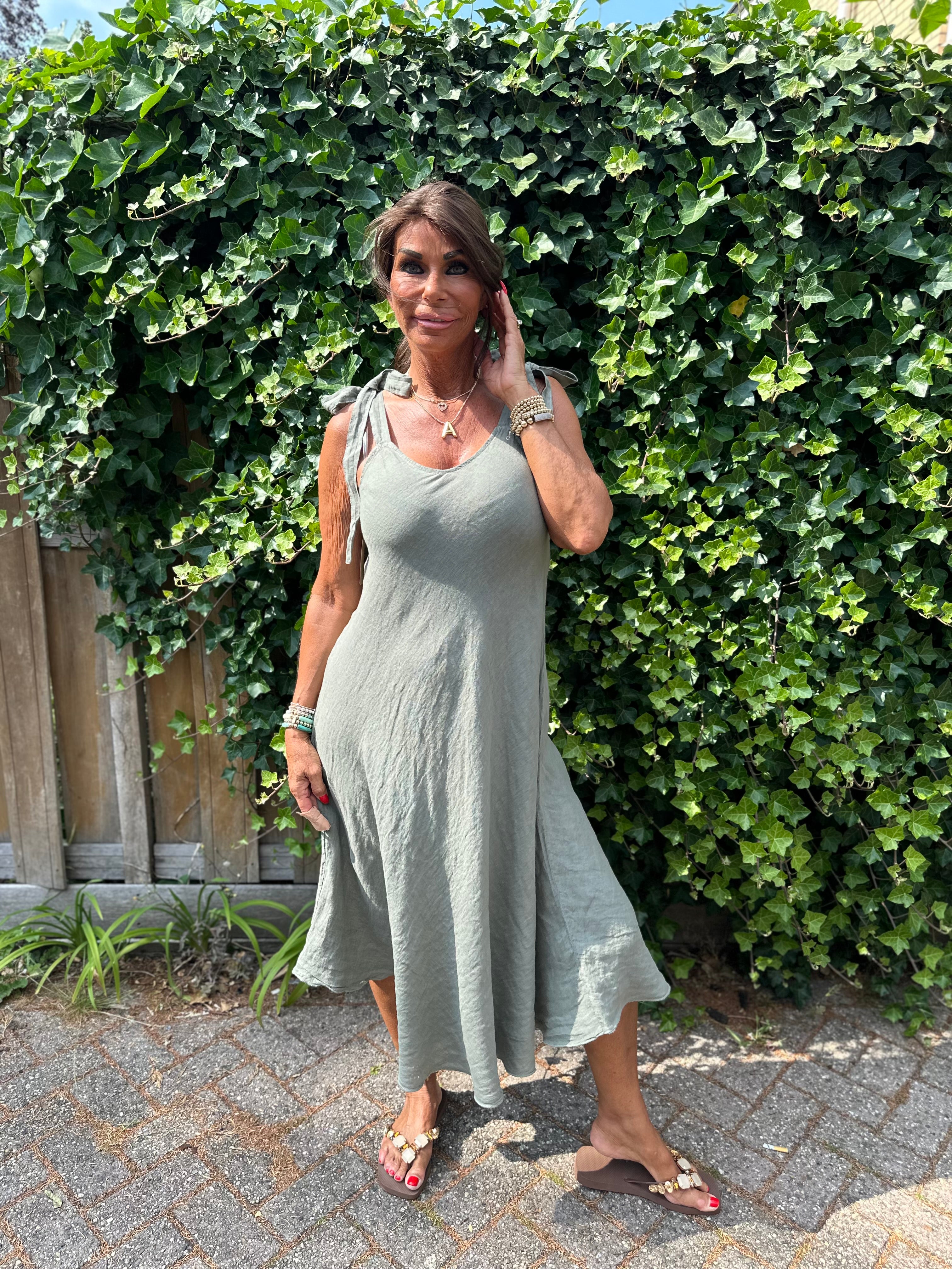 Linnen jurk Ribbon legergroen