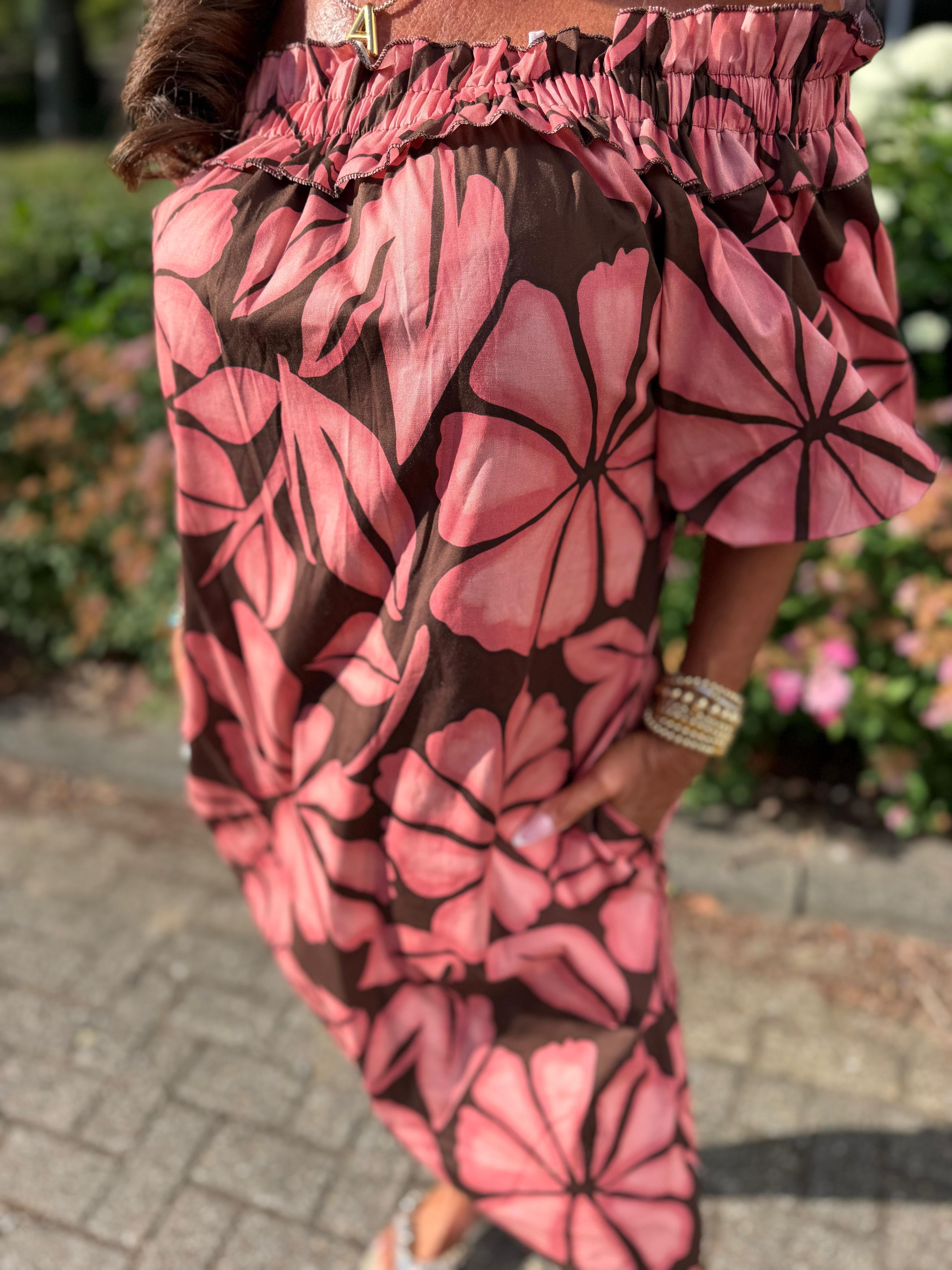 Offshoulder jurkje “Selina” poederroze/bruin