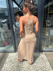 Spaghetti jurk broderie ibiza Camel