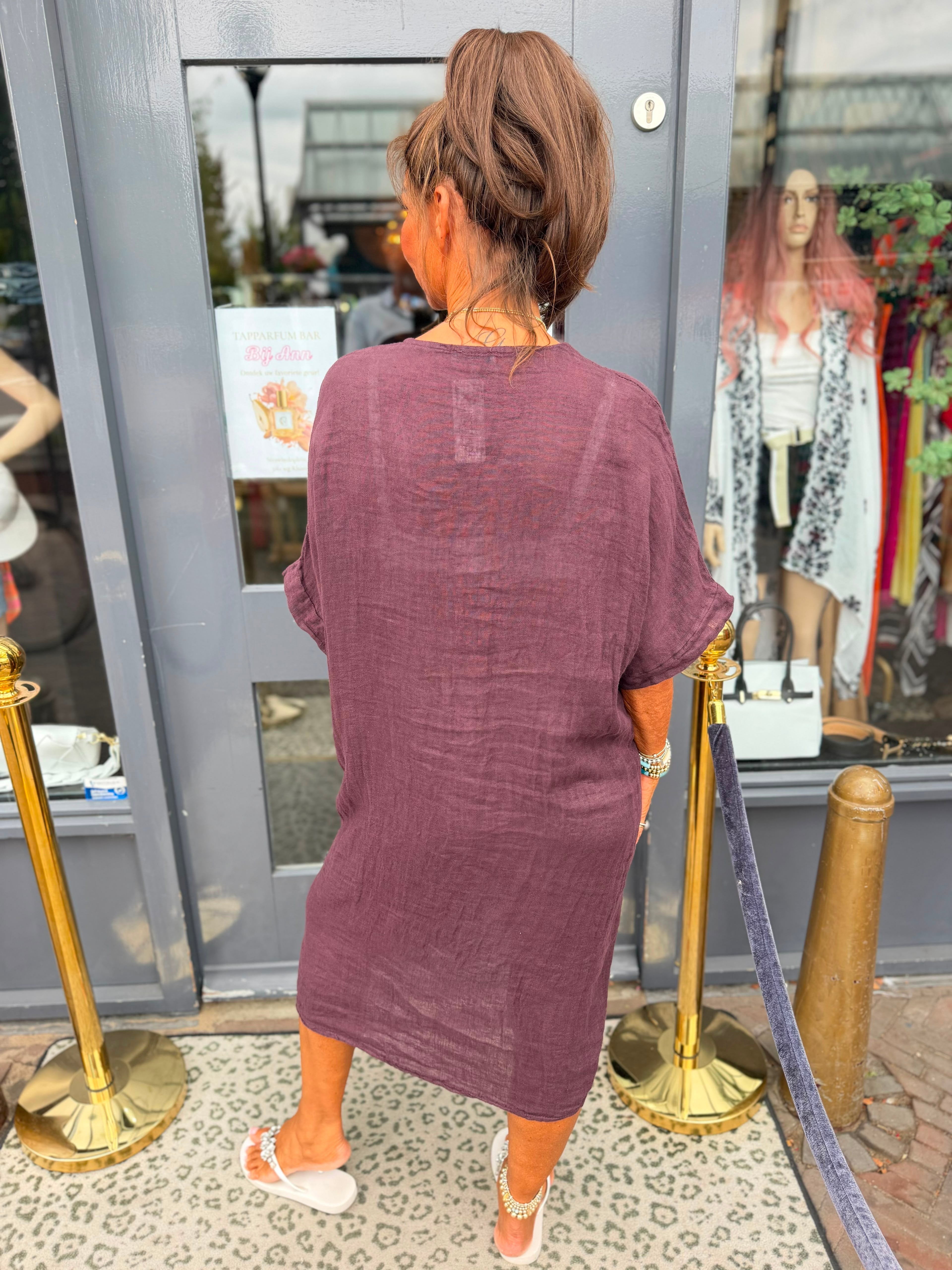 Linnen jurk knoop Aubergine