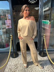 tweedelig set travel stof beige