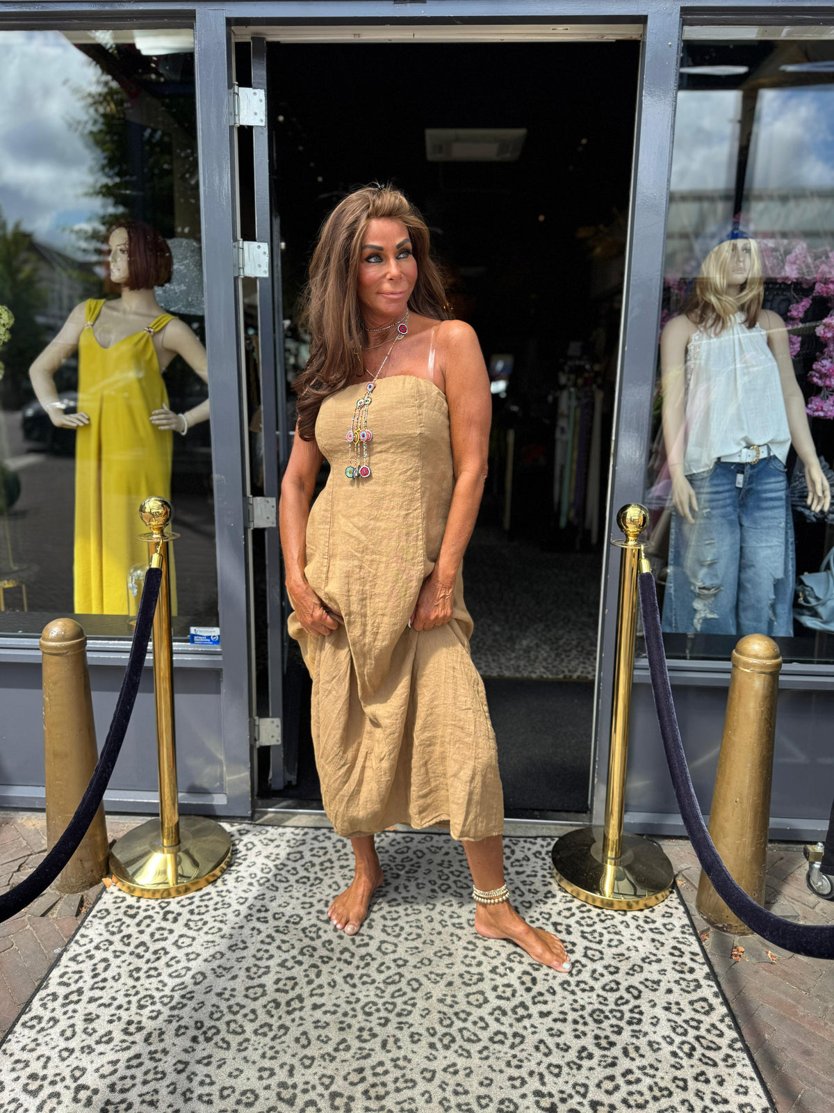 strapless linnen jurk "Amber" camel