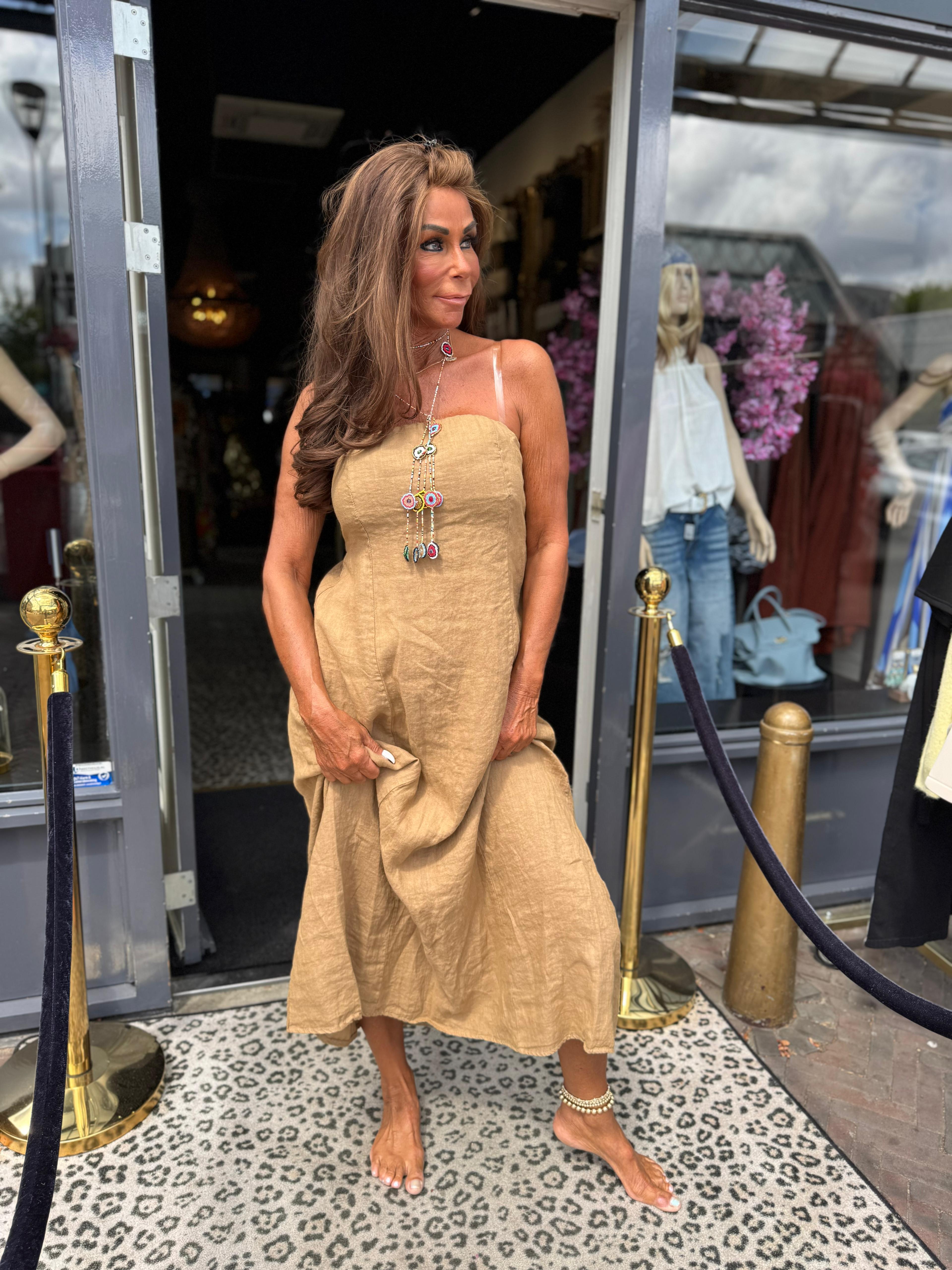 strapless linnen jurk "Amber" camel