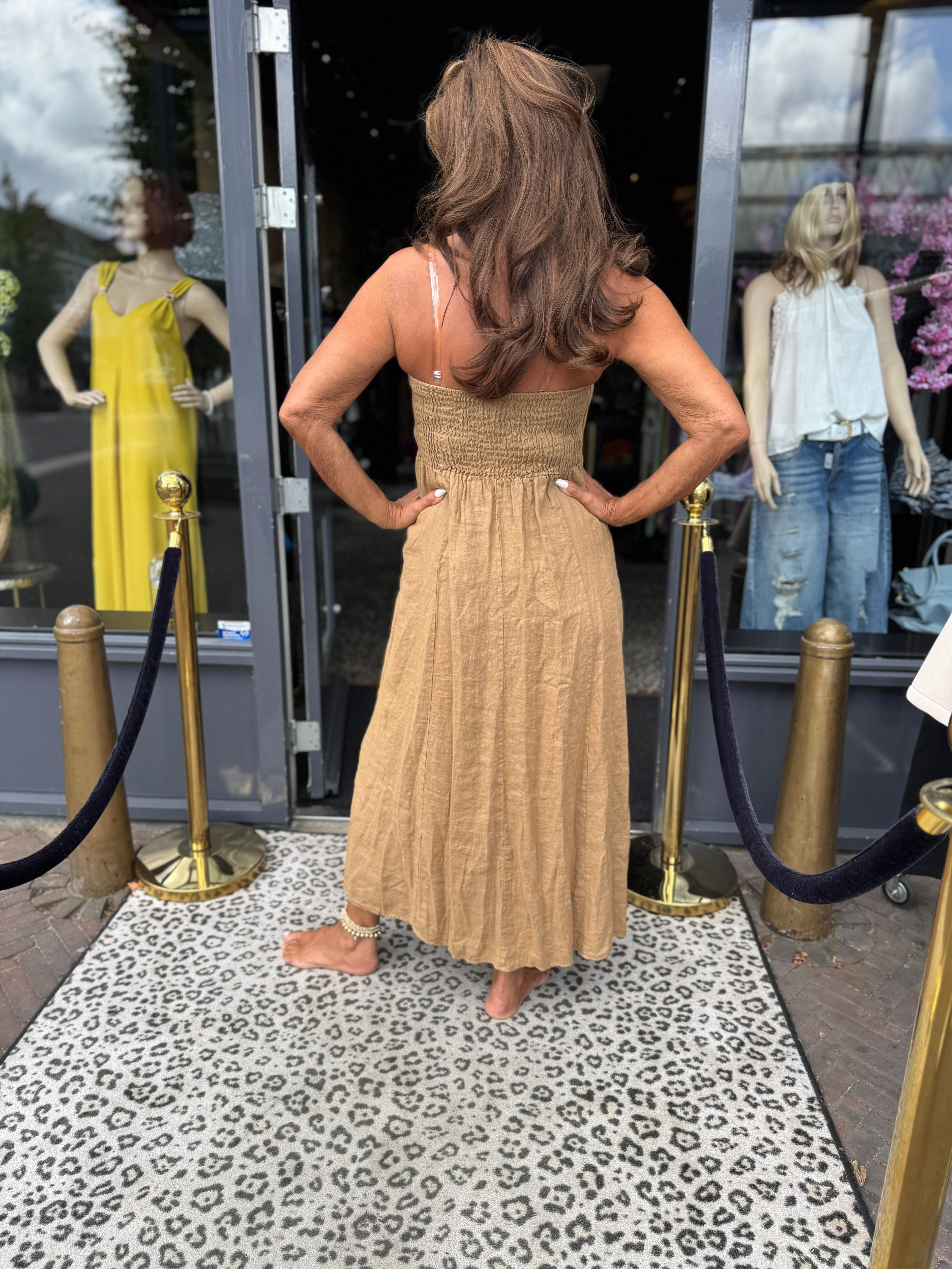 strapless linnen jurk "Amber" camel