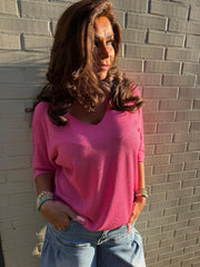 Truitje glitter v-hals fuchsia