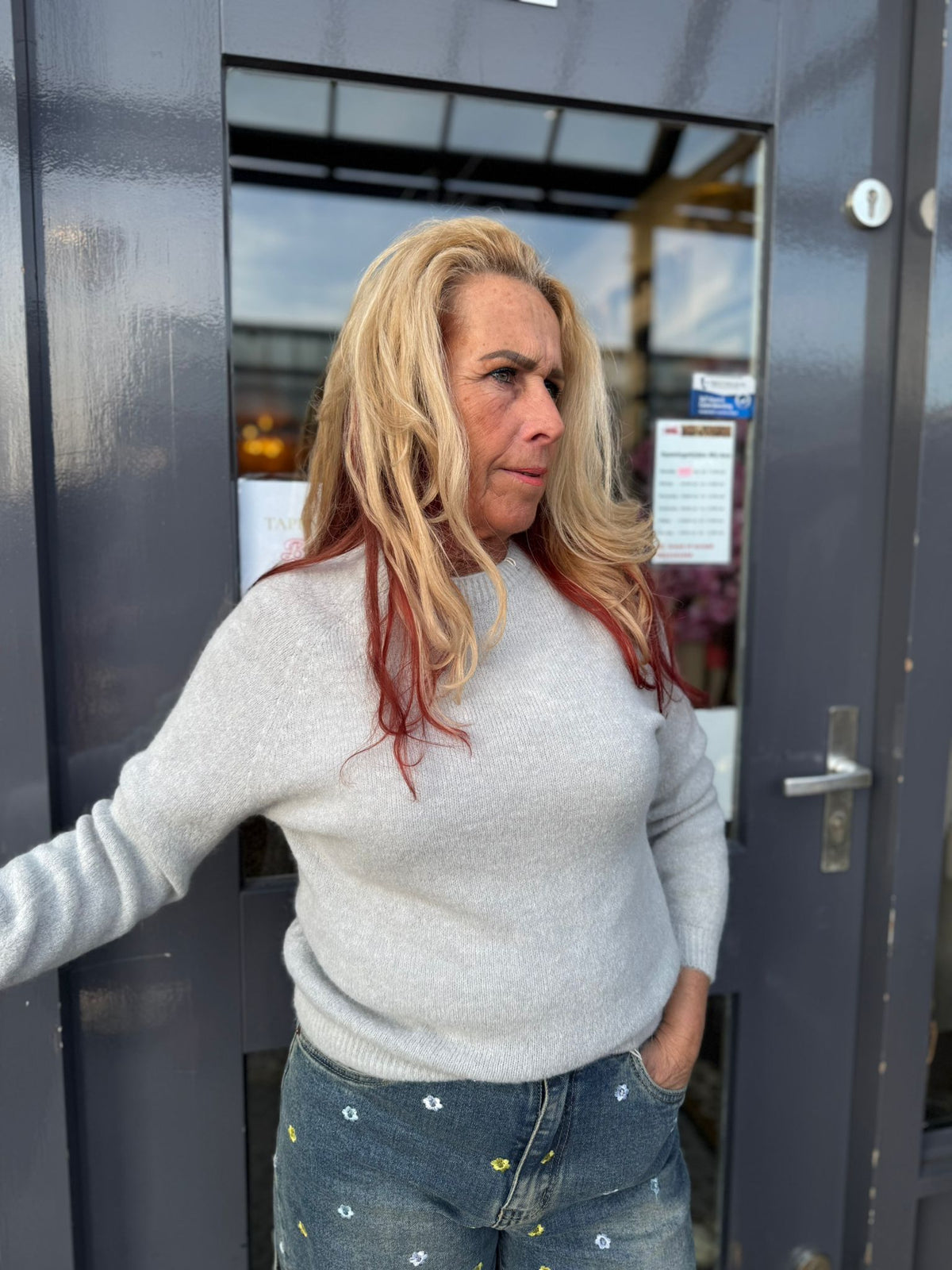 Top lange mouw "Cozy" licht grijs