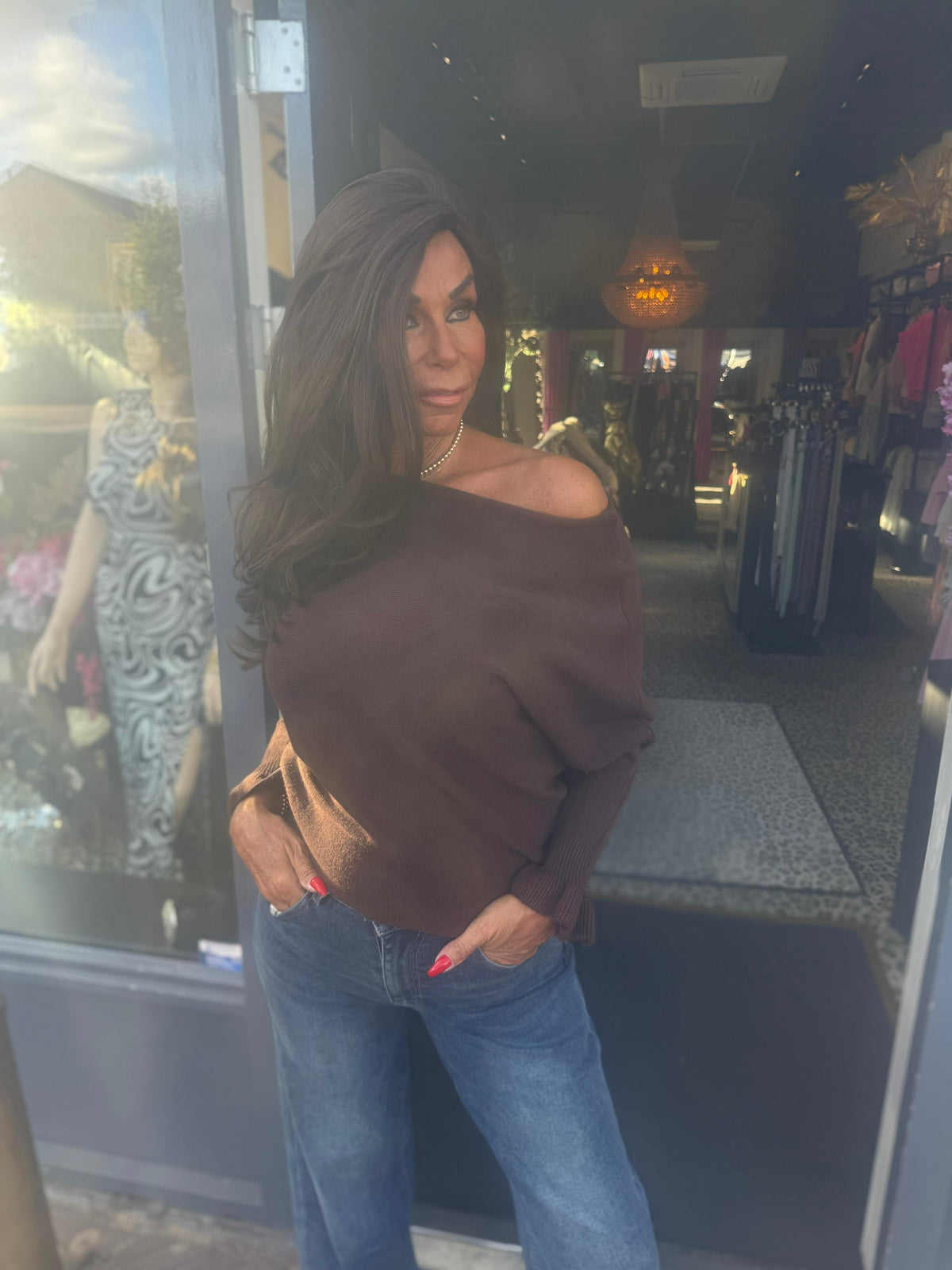 Ruffle top basic donkerbruin