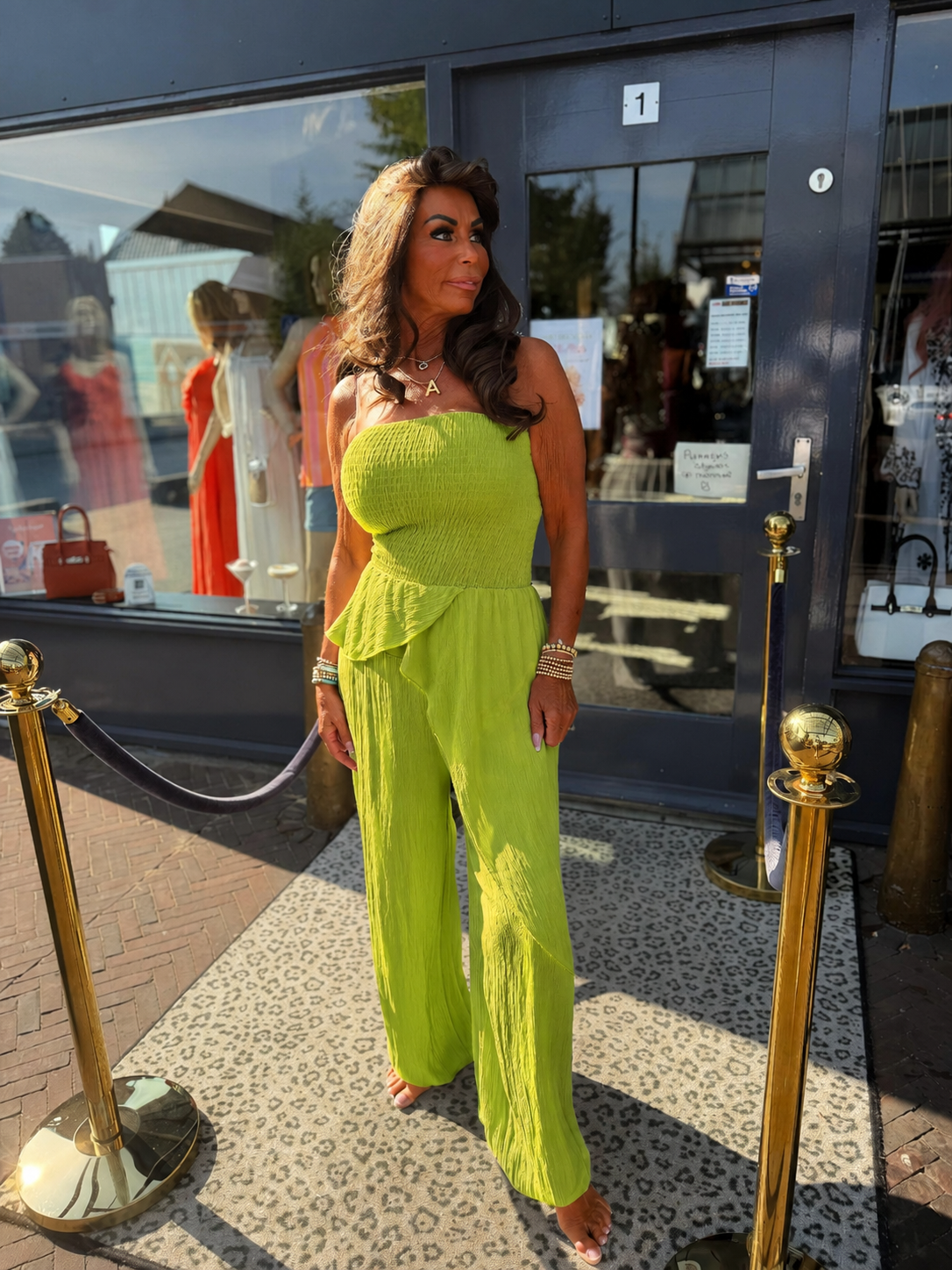 Strapless lurex jumpsuit “Yada” Olijfgroen